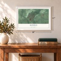 Mayodan, North Carolina map, 12 x 18 inch print in a white frame in an entryway