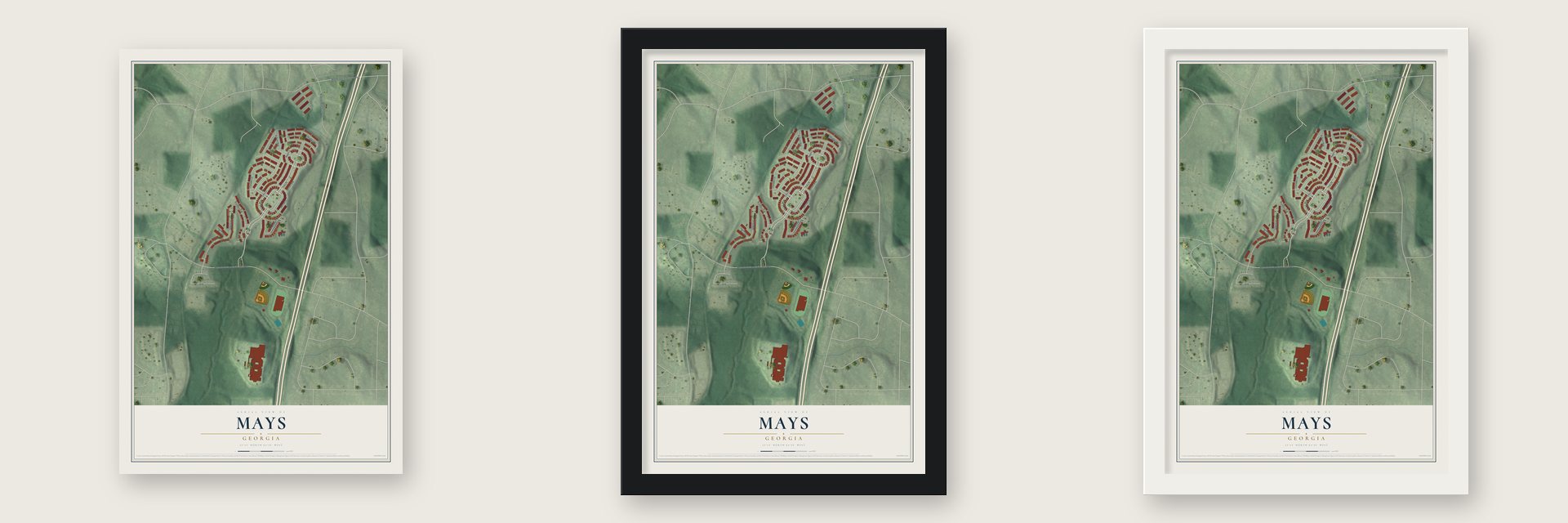 Mays, Georgia map unframed, in a black wood frame and in a white wood frame