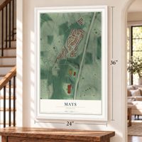 Mays, Georgia map, 24 x 36 inch print in a white frame by a staircase