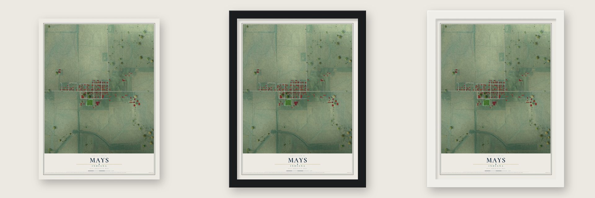 Mays, Indiana map unframed, in a black wood frame and in a white wood frame