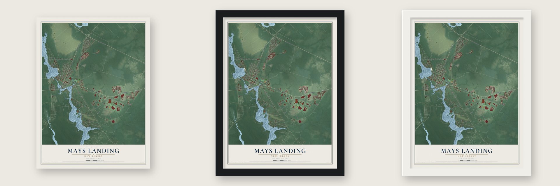 Mays Landing, New Jersey map unframed, in a black wood frame and in a white wood frame