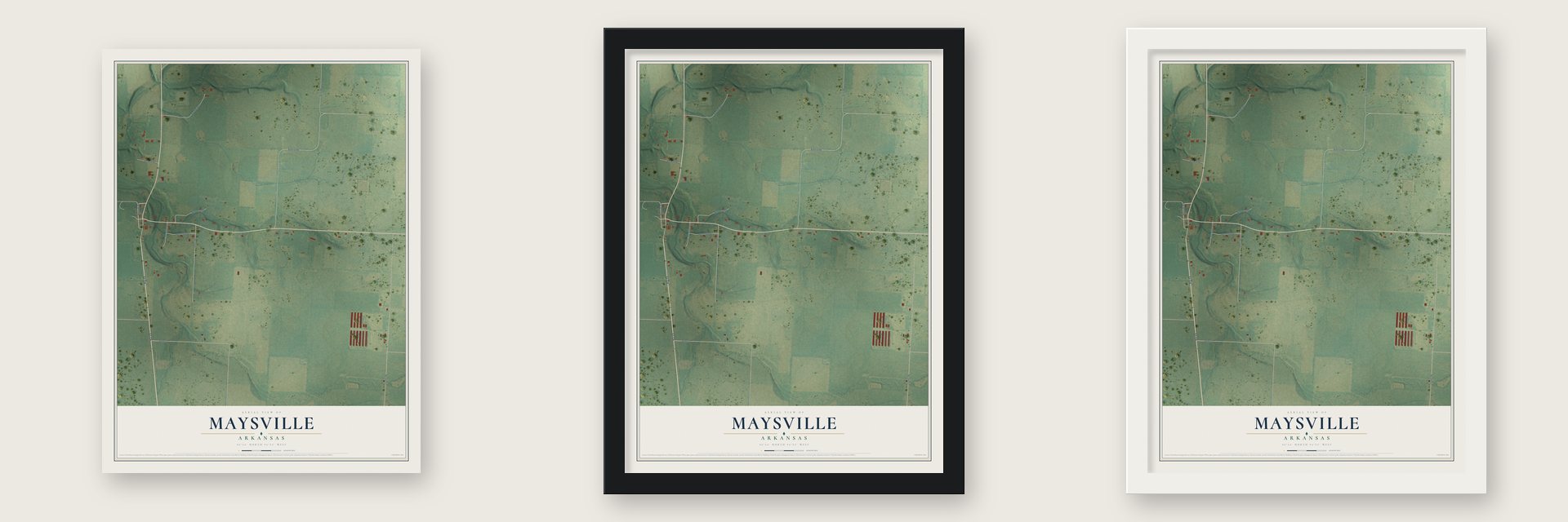 Maysville, Arkansas map unframed, in a black wood frame and in a white wood frame