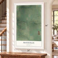 Maysville, Arkansas map, 24 x 36 inch print in a white frame by a staircase