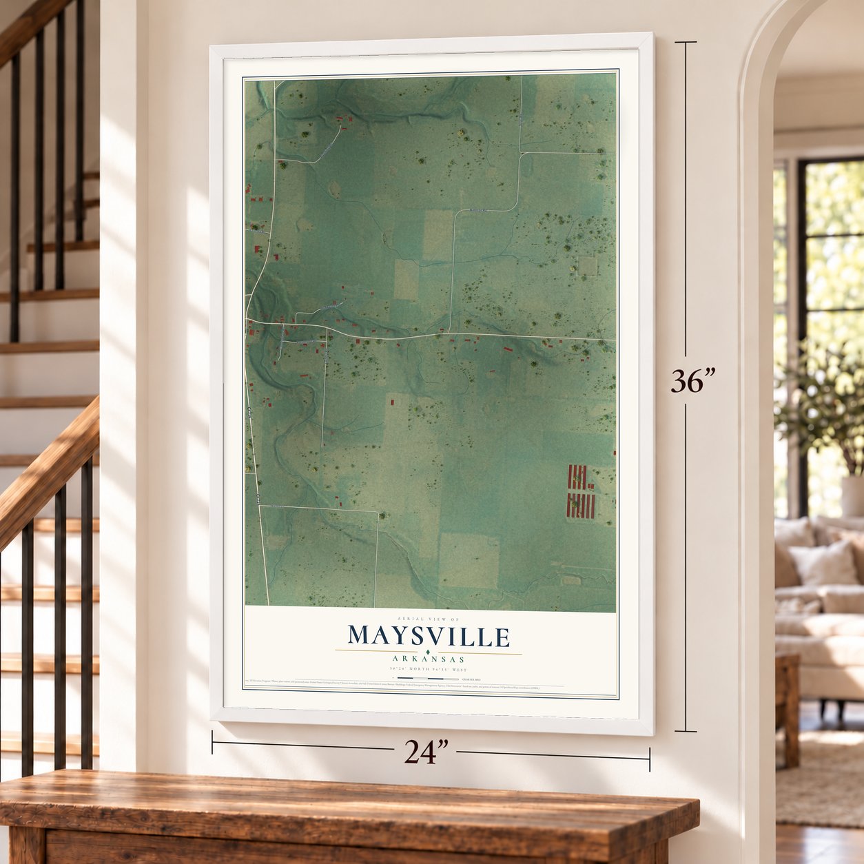 Maysville, Arkansas map, 24 x 36 inch print in a white frame by a staircase