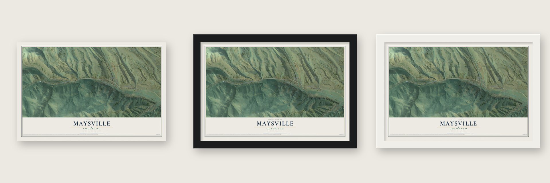 Maysville, Colorado map unframed, in a black wood frame and in a white wood frame