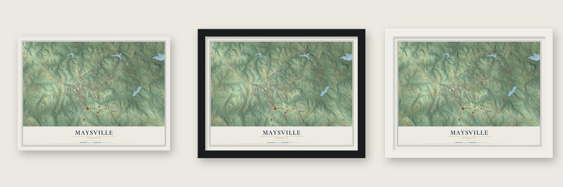Maysville, Georgia map unframed, in a black wood frame and in a white wood frame
