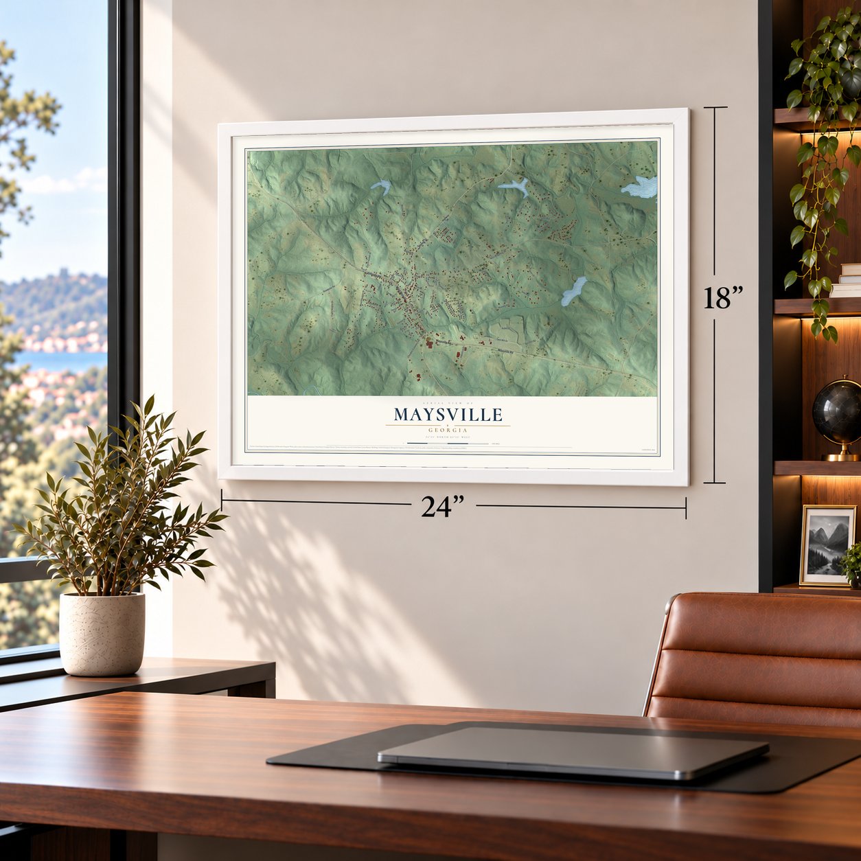 Maysville, Georgia map, 18 x 24 inch print in a white frame in a home office