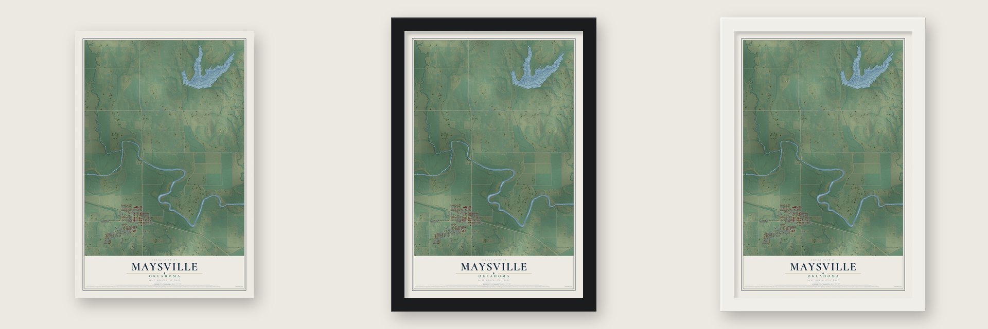Maysville, Oklahoma map unframed, in a black wood frame and in a white wood frame