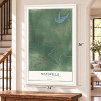 Maysville, Oklahoma map, 24 x 36 inch print in a white frame by a staircase