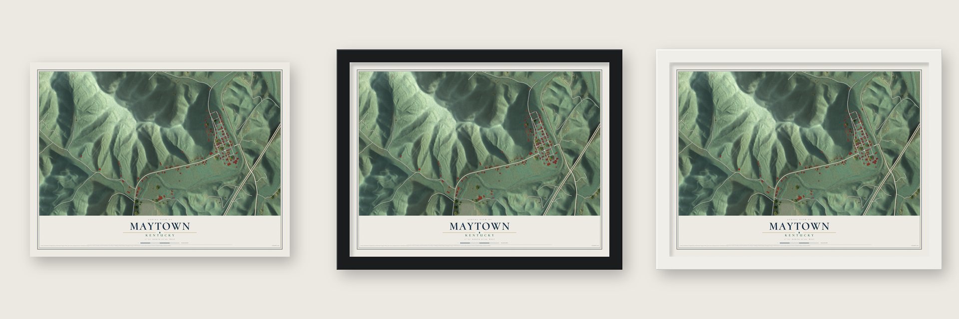 Maytown, Kentucky map unframed, in a black wood frame and in a white wood frame