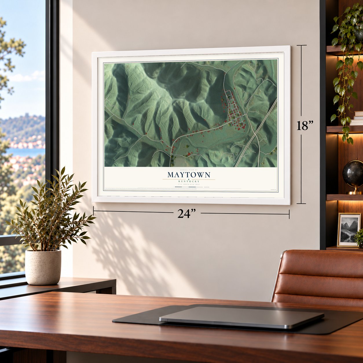 Maytown, Kentucky map, 18 x 24 inch print in a white frame in a home office