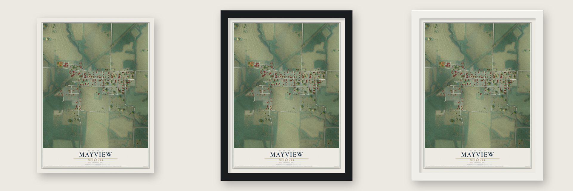 Mayview, Missouri map unframed, in a black wood frame and in a white wood frame