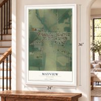 Mayview, Missouri map, 24 x 36 inch print in a white frame by a staircase