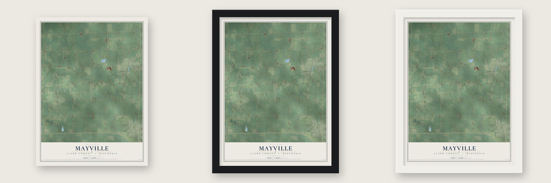 Mayville, Clark County, Wisconsin map unframed, in a black wood frame and in a white wood frame