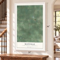 Mayville, Clark County, Wisconsin map, 24 x 36 inch print in a white frame by a staircase