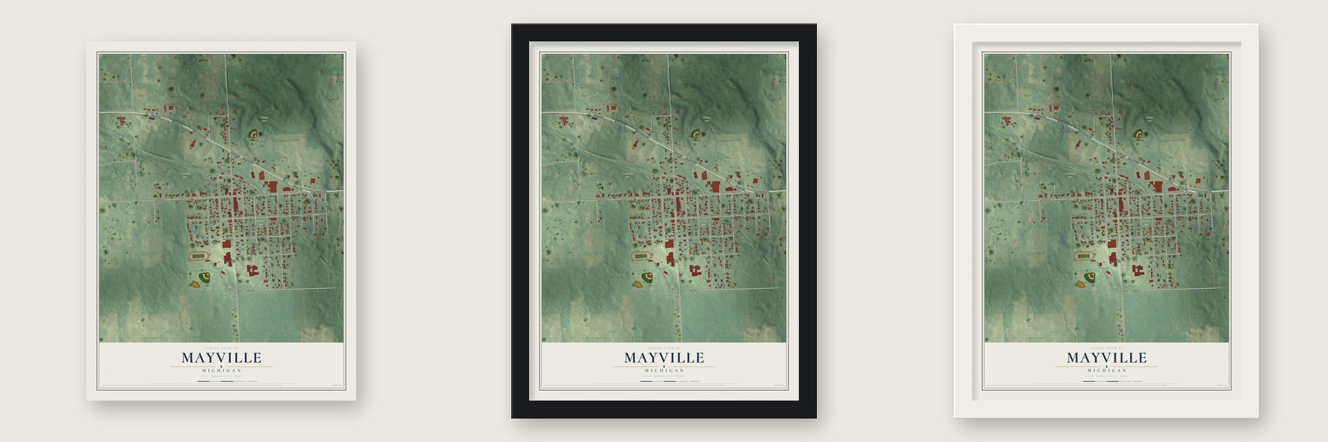 Mayville, Michigan map unframed, in a black wood frame and in a white wood frame