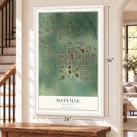 Mayville, Michigan map, 24 x 36 inch print in a white frame by a staircase