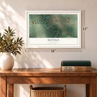 Mayville, North Dakota map, 12 x 18 inch print in a white frame in an entryway