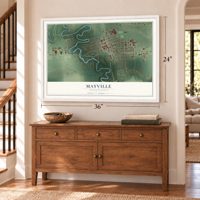 Mayville, North Dakota map, 24 x 36 inch print in a white frame above a dresser by a staircase