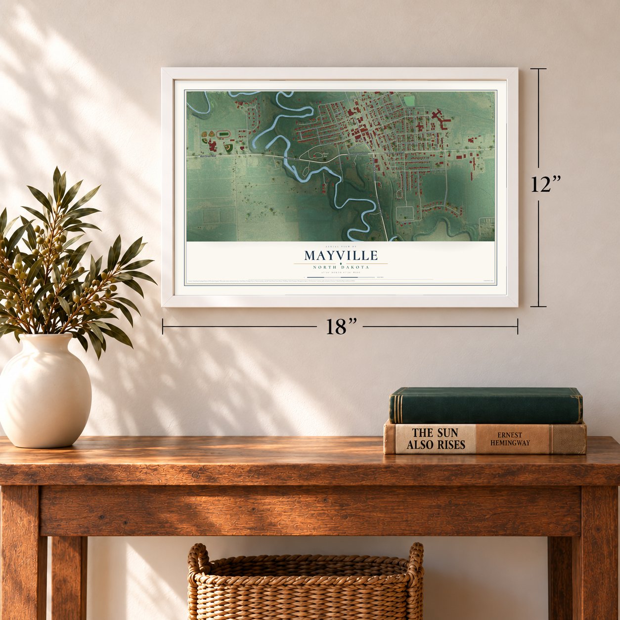 Mayville, North Dakota map, 12 x 18 inch print in a white frame in an entryway