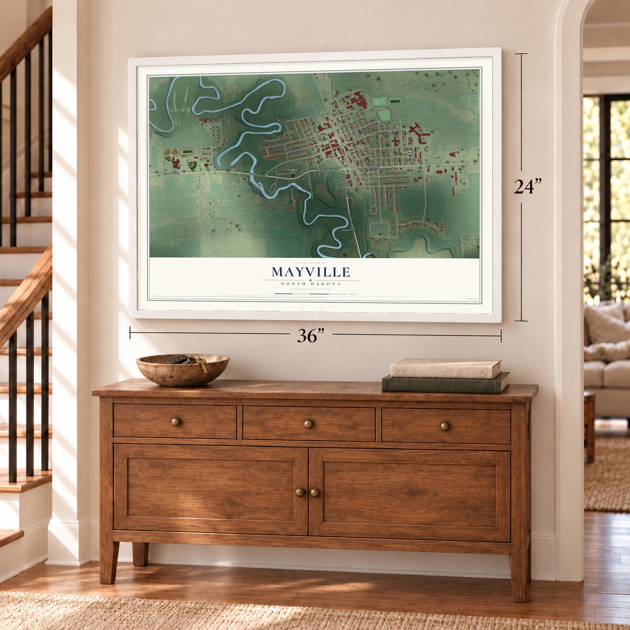 Mayville, North Dakota map, 24 x 36 inch print in a white frame above a dresser by a staircase
