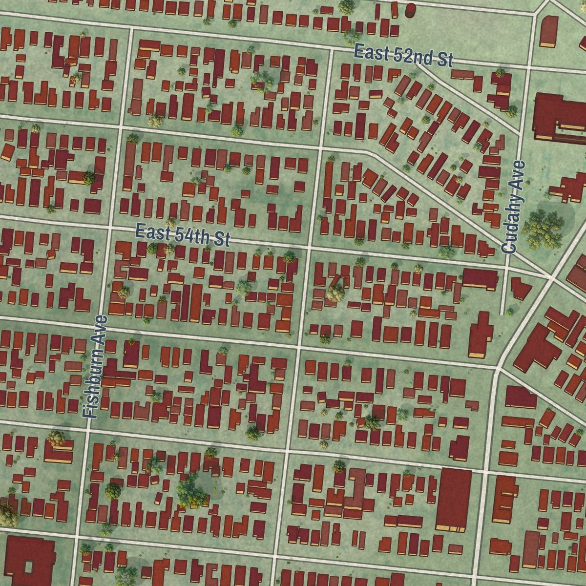 Second close-up of the map of Maywood, California print showing more streets and buildings