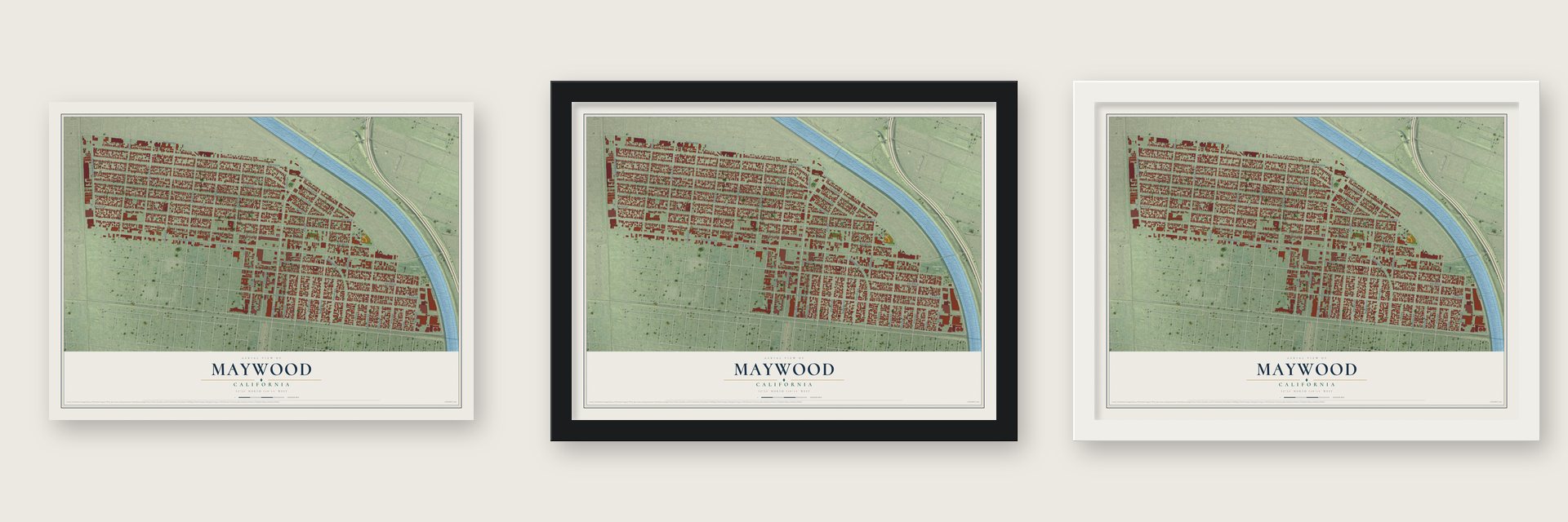 Maywood, California map unframed, in a black wood frame and in a white wood frame