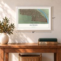 Maywood, California map, 12 x 18 inch print in a white frame in an entryway