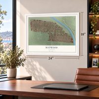 Maywood, California map, 18 x 24 inch print in a white frame in a home office