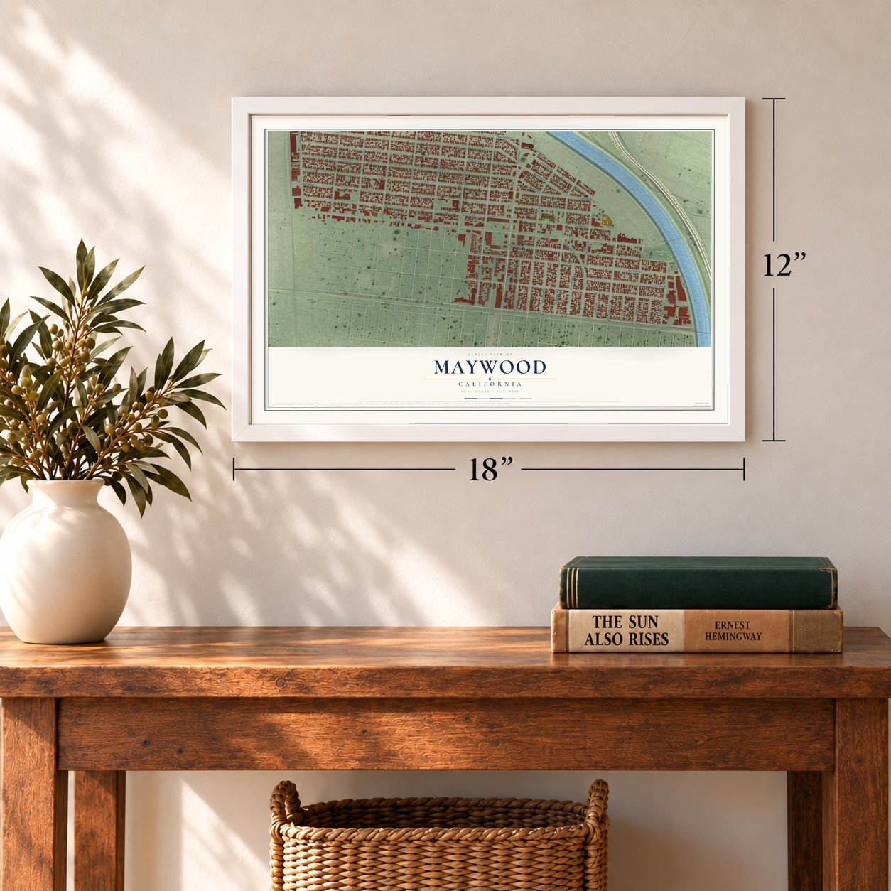 Maywood, California map, 12 x 18 inch print in a white frame in an entryway
