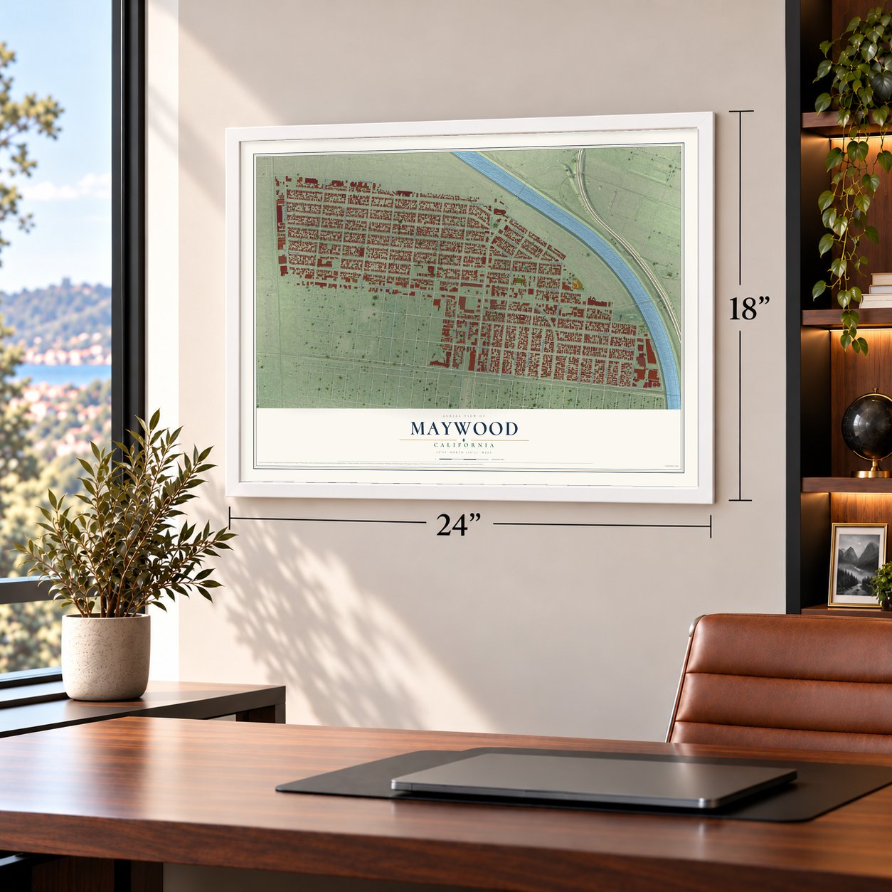Maywood, California map, 18 x 24 inch print in a white frame in a home office