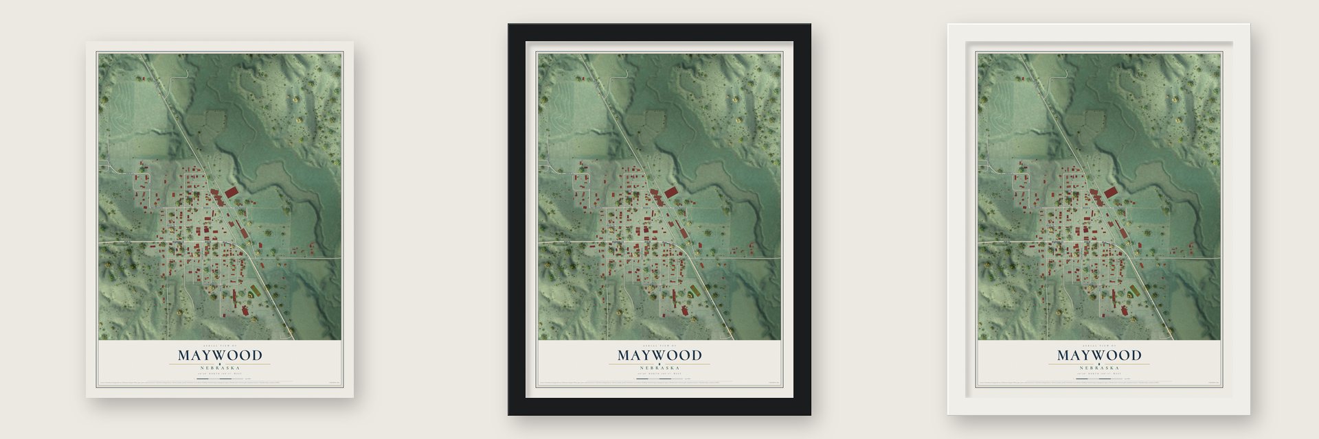 Maywood, Nebraska map unframed, in a black wood frame and in a white wood frame