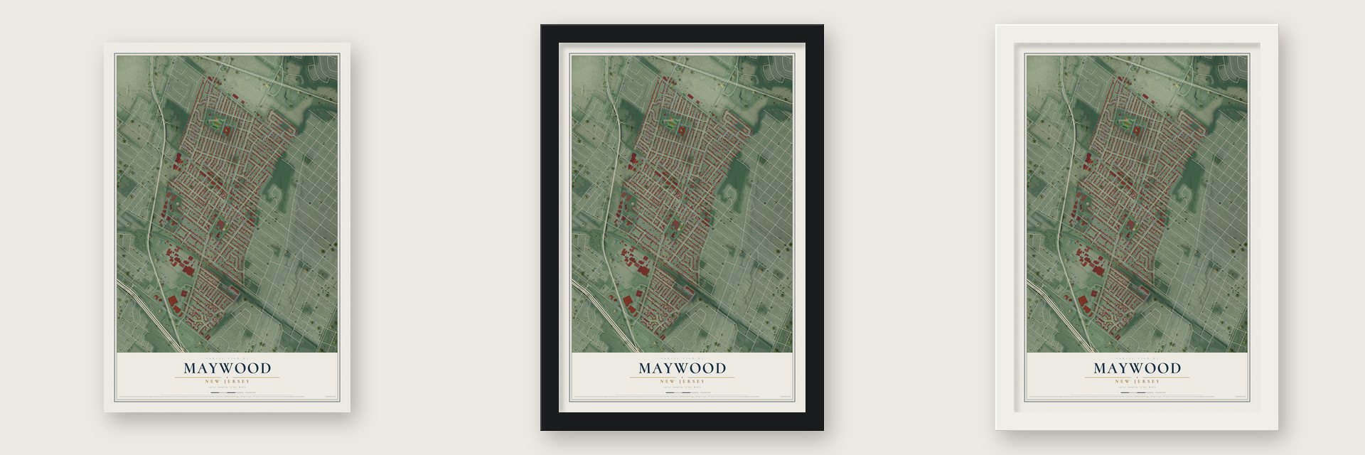 Maywood, New Jersey map unframed, in a black wood frame and in a white wood frame