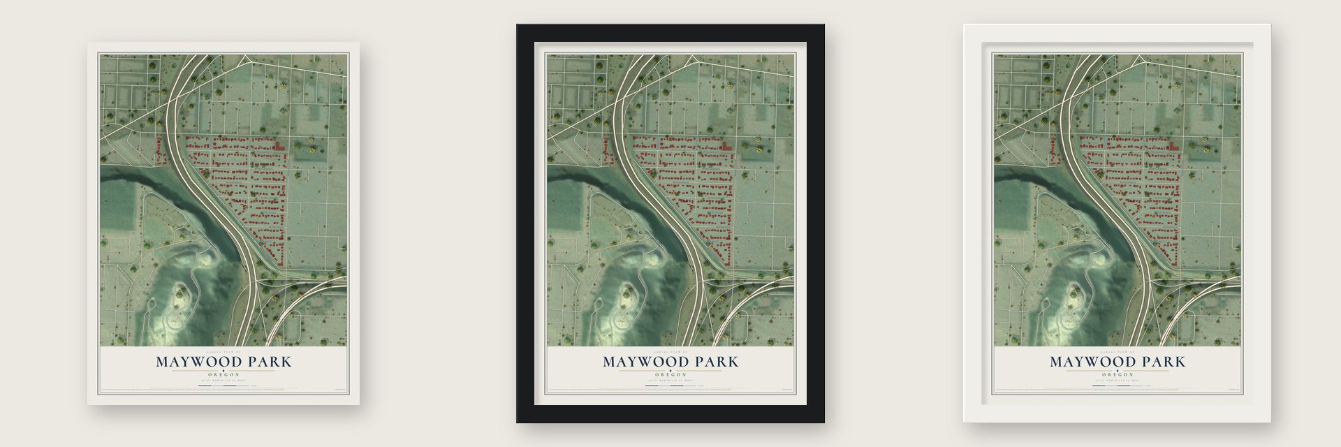 Maywood Park, Oregon map unframed, in a black wood frame and in a white wood frame