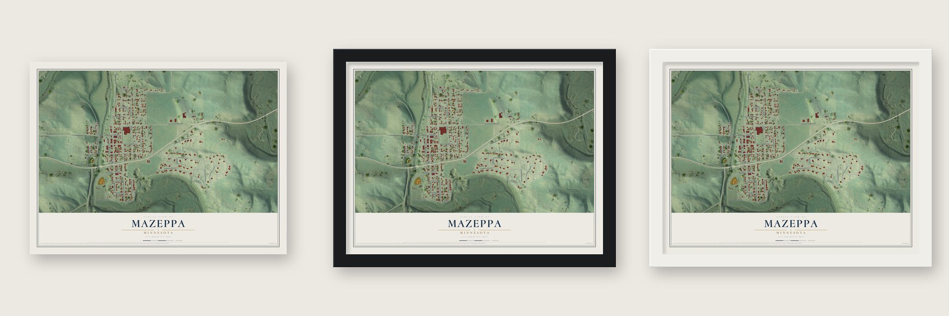 Mazeppa, Minnesota map unframed, in a black wood frame and in a white wood frame