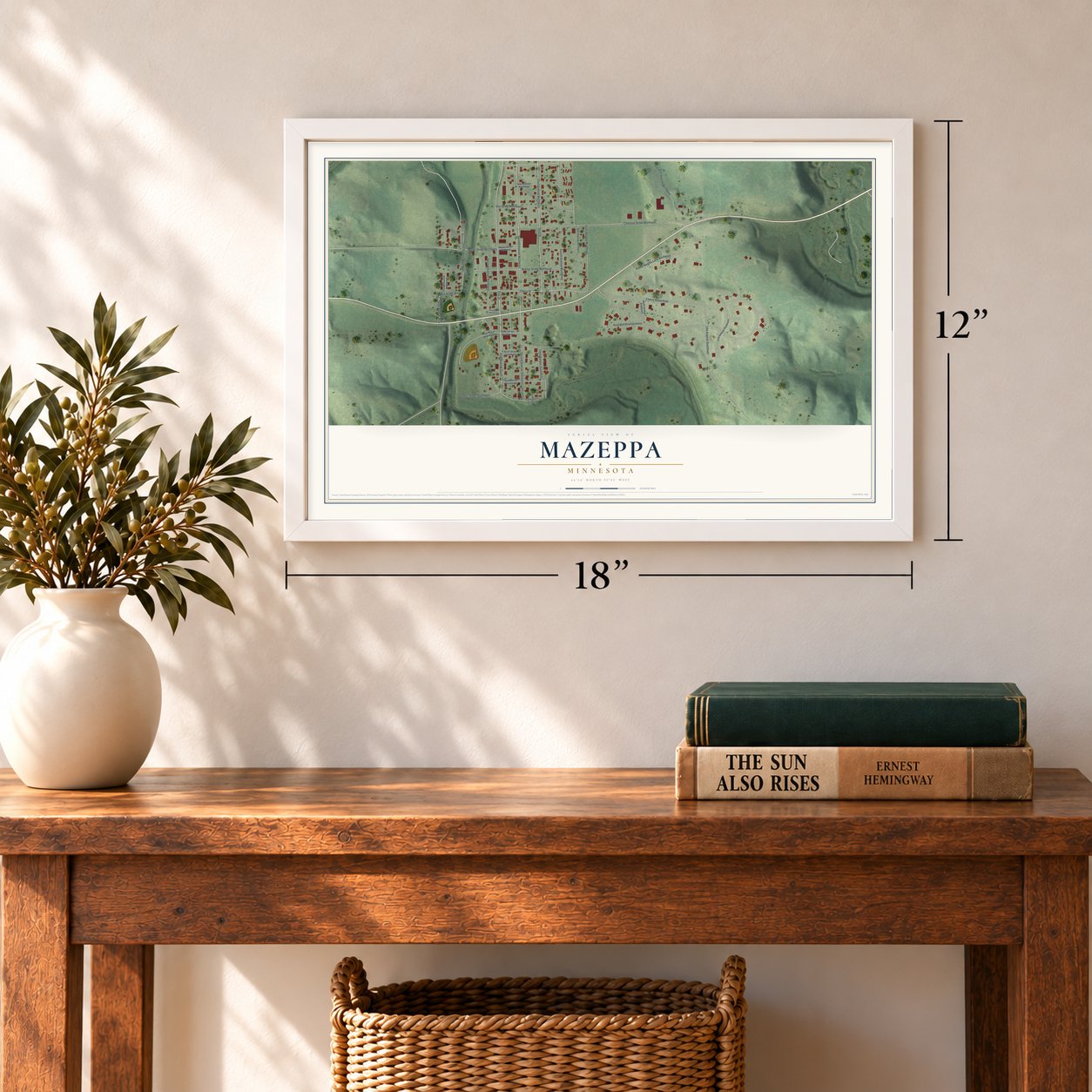 Mazeppa, Minnesota map, 12 x 18 inch print in a white frame in an entryway