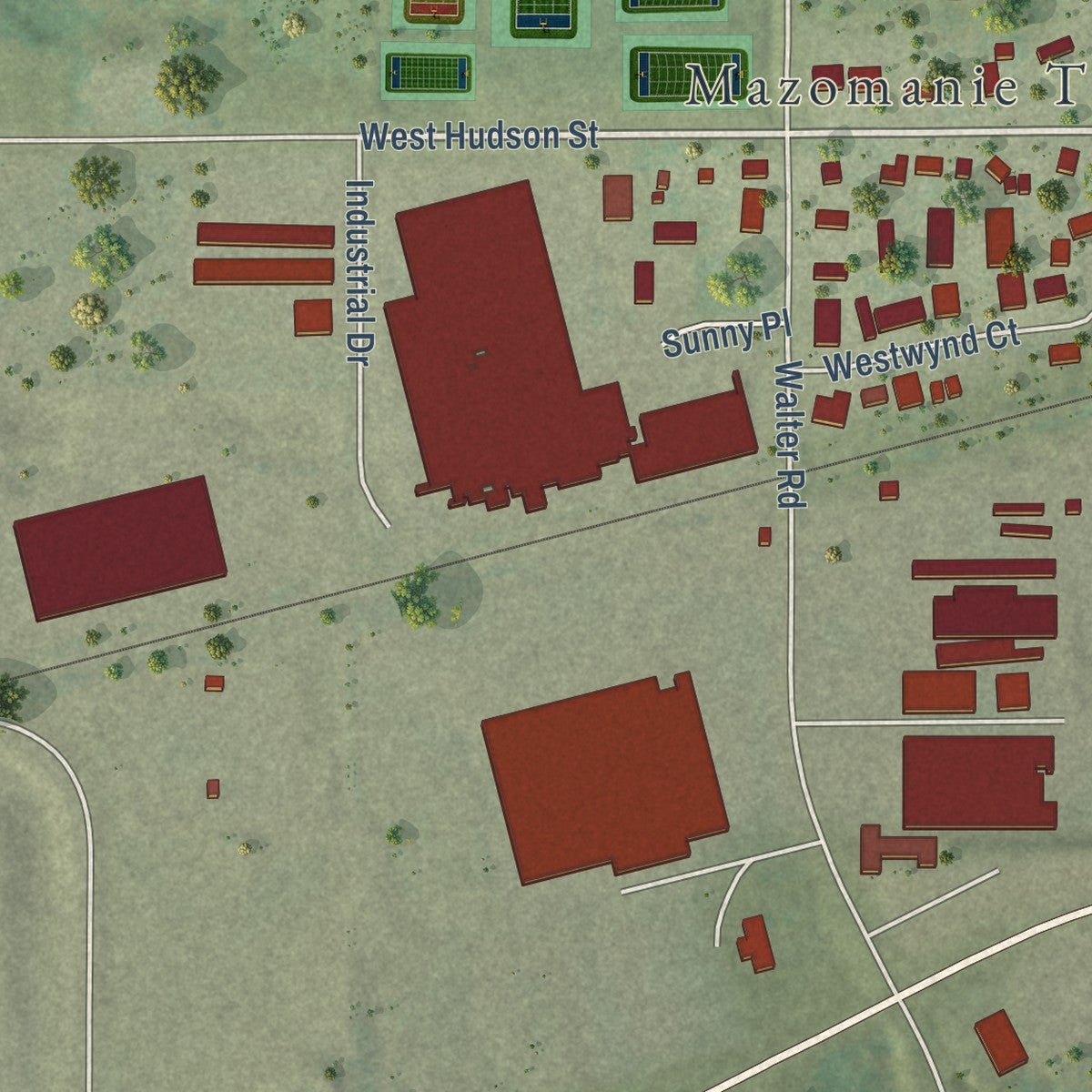 Second close-up of the map of Mazomanie, Wisconsin print showing more streets and buildings