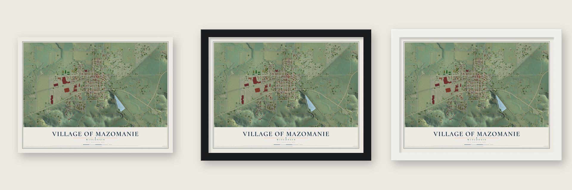 Mazomanie, Wisconsin map unframed, in a black wood frame and in a white wood frame