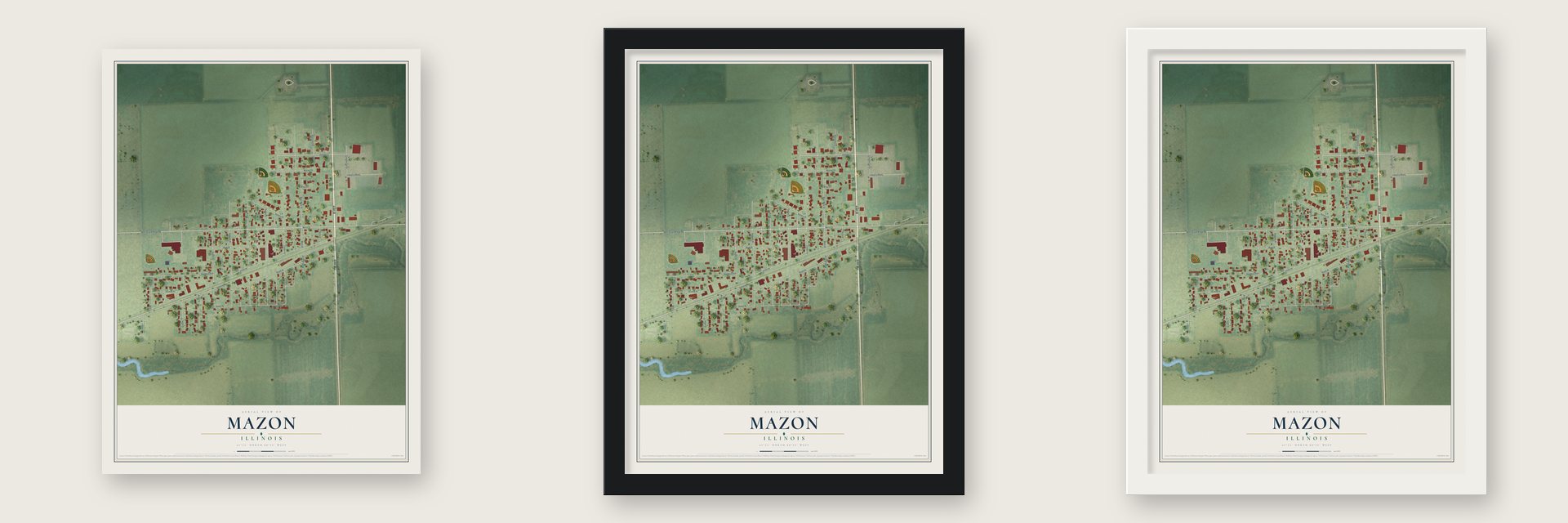 Mazon, Illinois map unframed, in a black wood frame and in a white wood frame