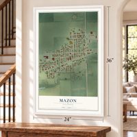 Mazon, Illinois map, 24 x 36 inch print in a white frame by a staircase