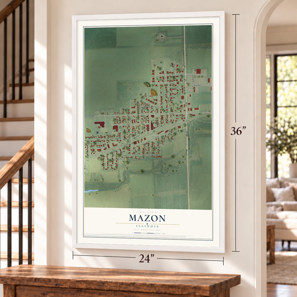 Mazon, Illinois map, 24 x 36 inch print in a white frame by a staircase
