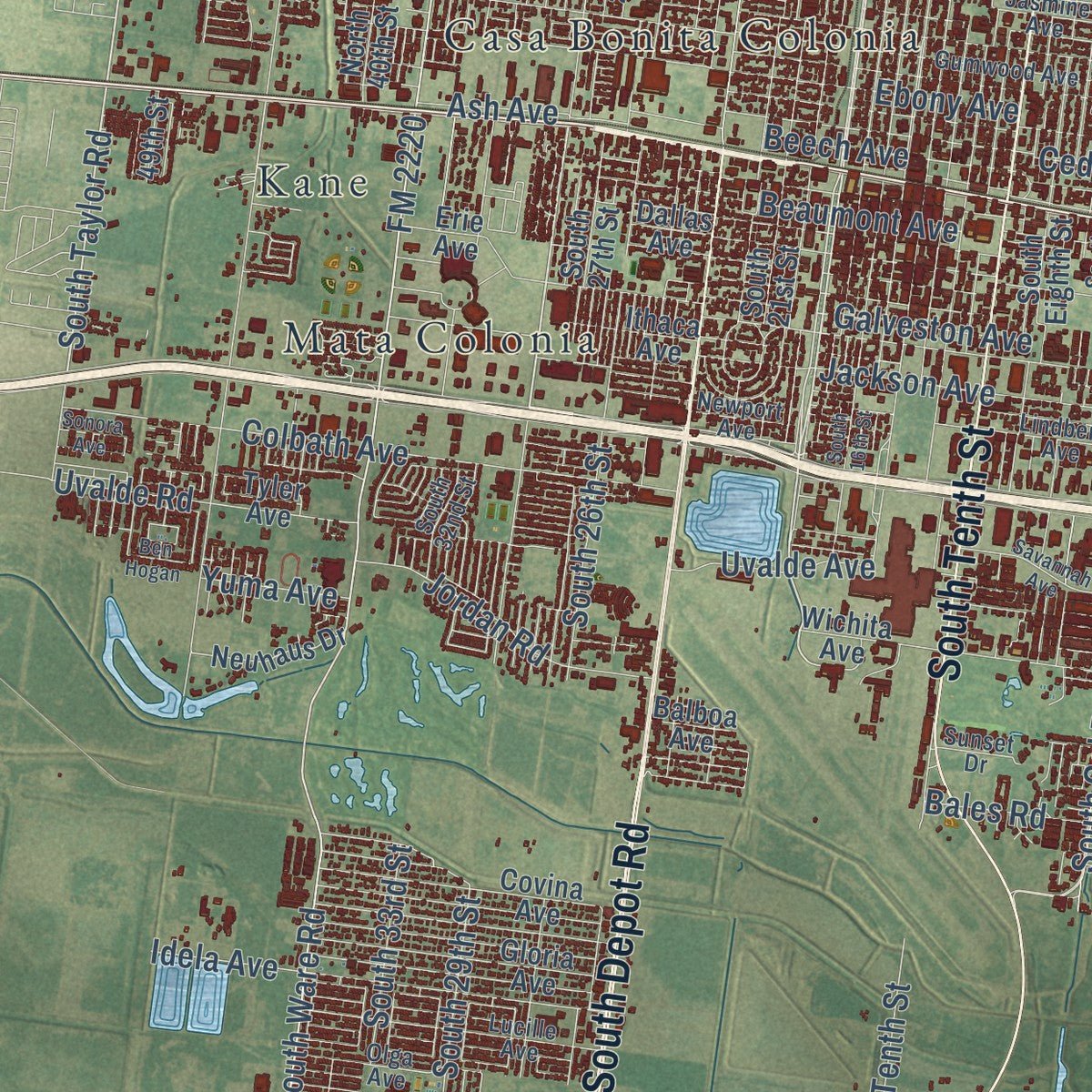 Second close-up of the map of McAllen, Texas print showing more streets and buildings