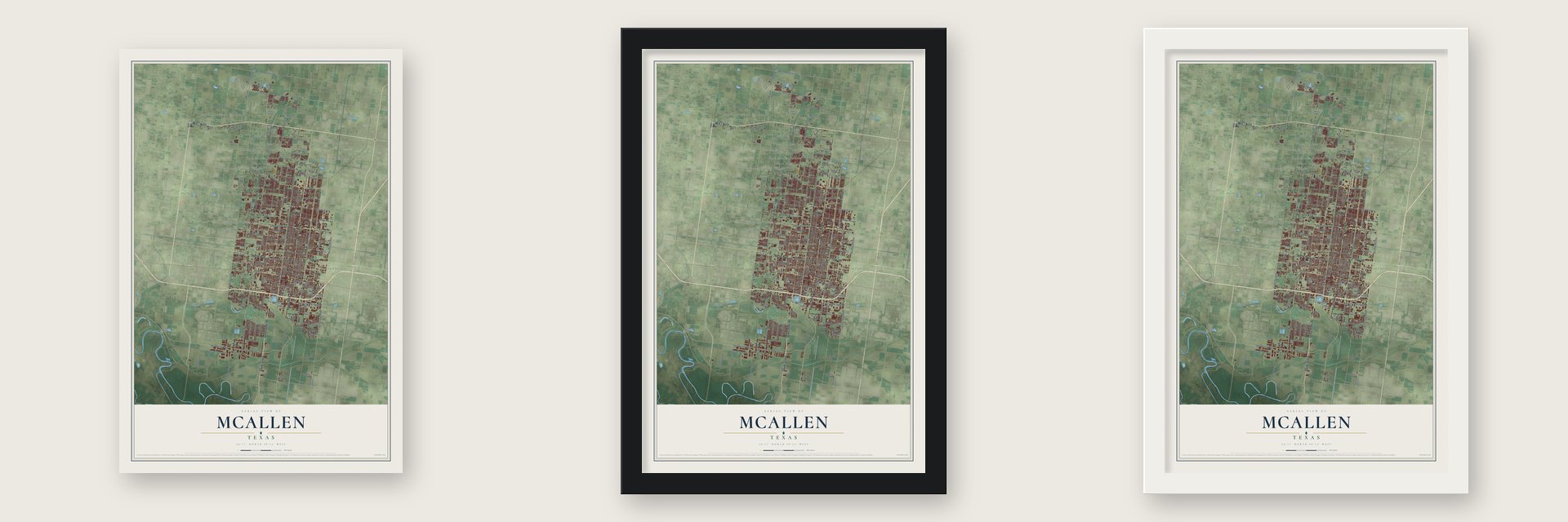 McAllen, Texas map unframed, in a black wood frame and in a white wood frame