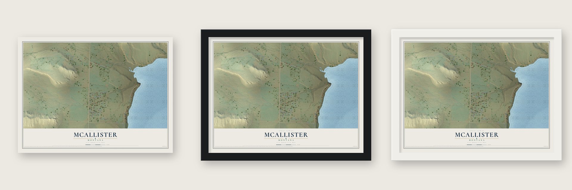 McAllister, Montana map unframed, in a black wood frame and in a white wood frame