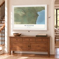McAllister, Montana map, 24 x 36 inch print in a white frame above a dresser by a staircase