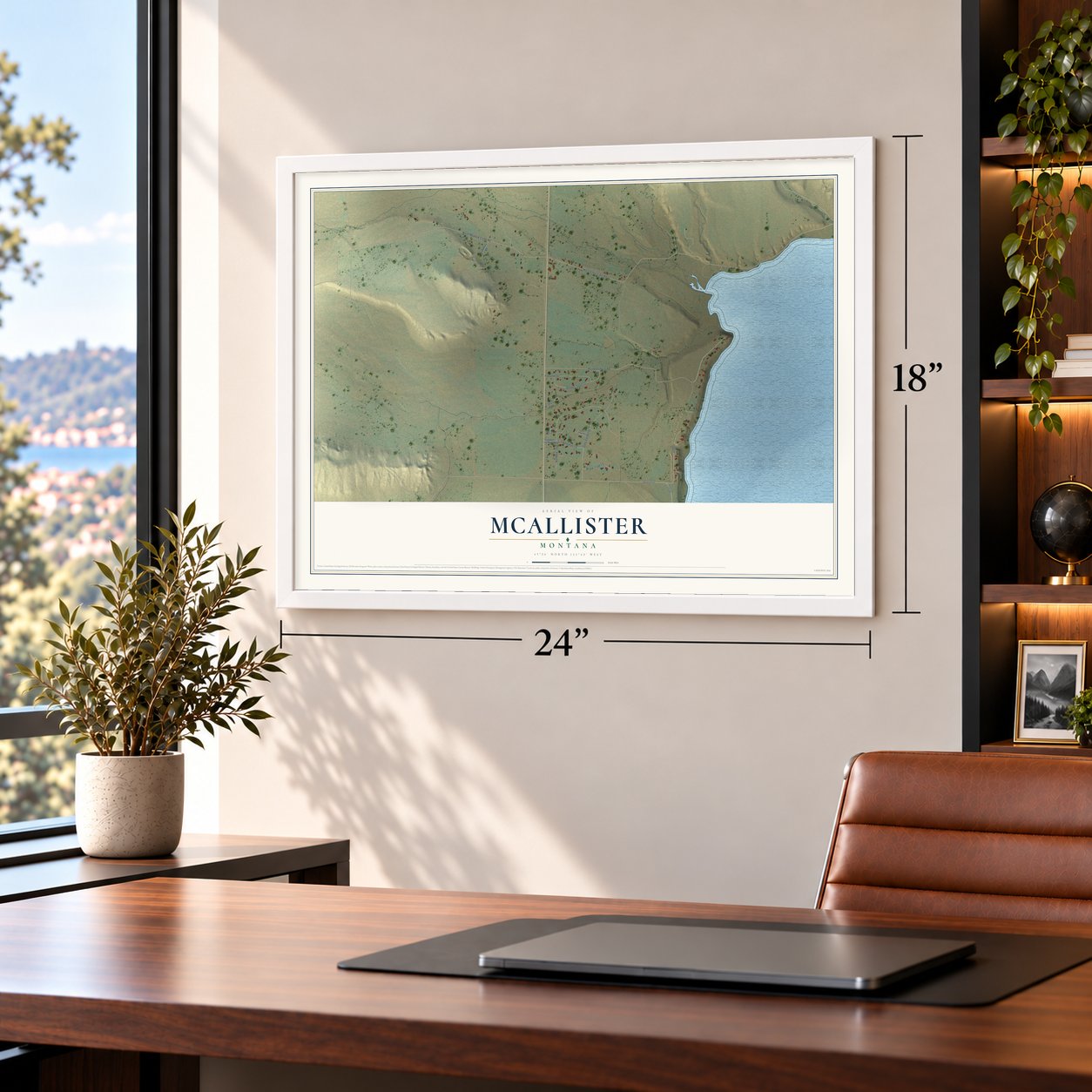 McAllister, Montana map, 18 x 24 inch print in a white frame in a home office