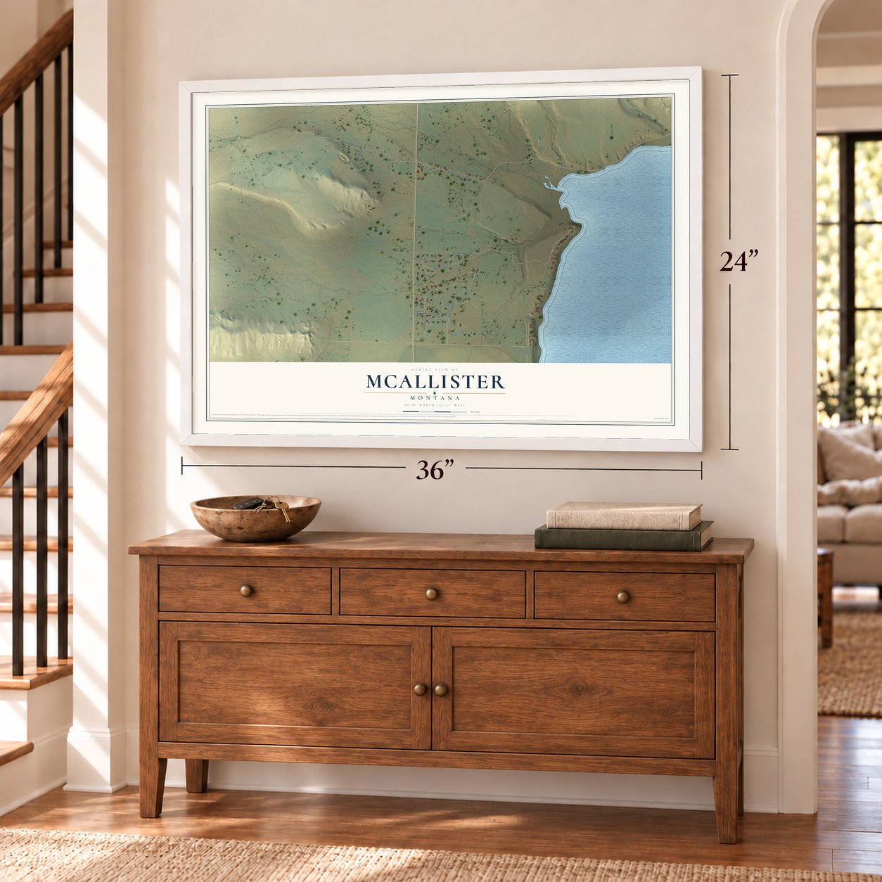 McAllister, Montana map, 24 x 36 inch print in a white frame above a dresser by a staircase