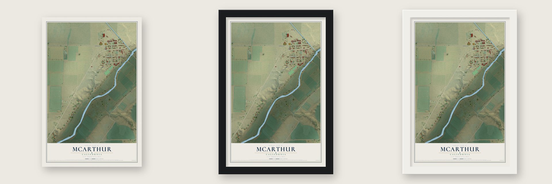 McArthur, California map unframed, in a black wood frame and in a white wood frame