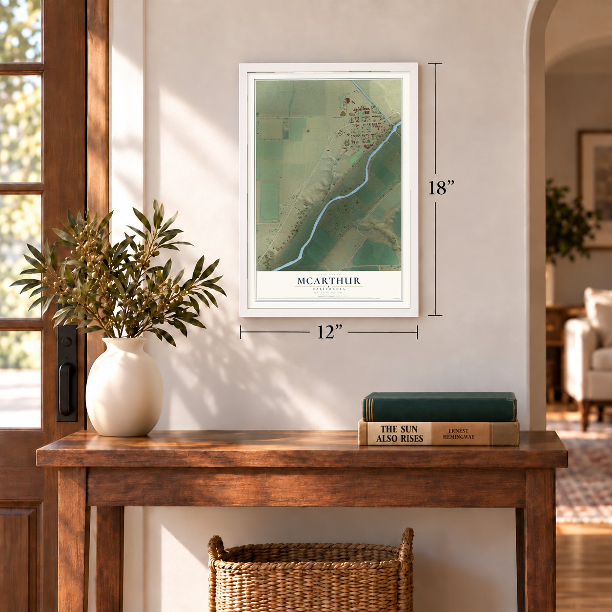 McArthur, California map, 12 x 18 inch print in a white frame in an entryway