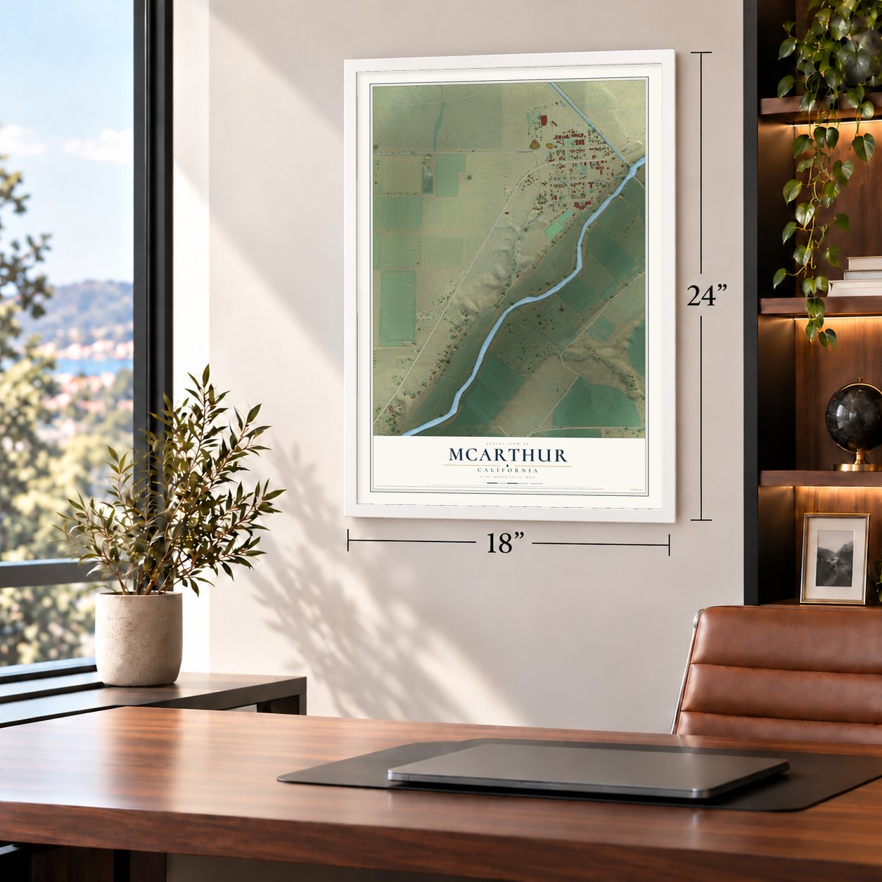 McArthur, California map, 18 x 24 inch print in a white frame in a home office